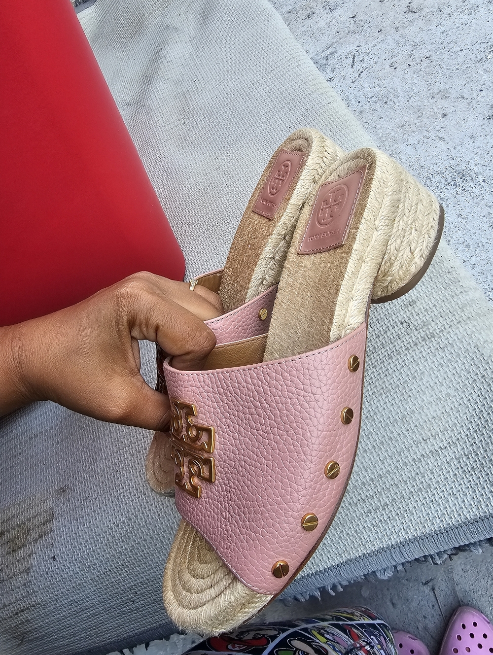 Tory Burch Dusty Pink Leather Espadrille Slide with Gold Logo - Picture 7 of 9